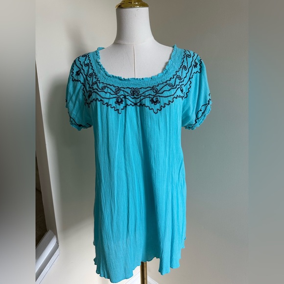 Fashion Bug Tops - Aqua Peasant Style Short Sleeve Top- Large
